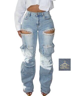 Rhinestone Cargo Jeans for Women Baggy High Waisted Stretchy Glitter Y2K Party